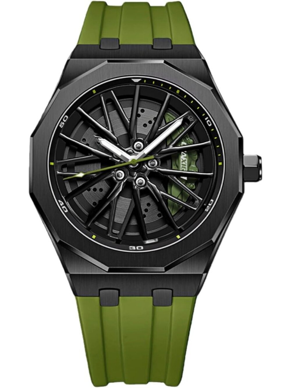 Men's Green Durable Rubber Strap Quartz 30M Water Resistant Unique Wrist Watch